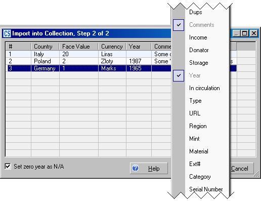 Selection of columns is done