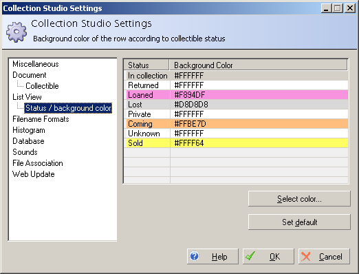 Settings: Status / background color Settings: Status / background color
