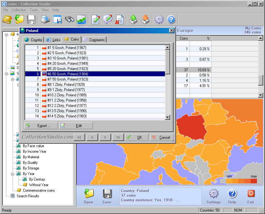 Statistiken nach Staaten in Europa mit geoffnetem Liste der Münzen aus Polen